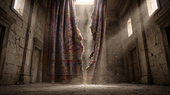 The curtain in the Temple is torn from top to bottom after the death of Jesus Christ. A Gospel story for Easter religious publications and Bible education