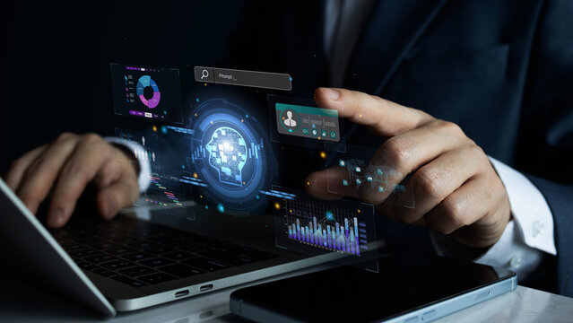 Businessman using laptop and smartphone chat with AI to connecting smart robot AI, enter command prompt for generate idea, prompt engineering, futuristic technology transformation, solve problem, SEO.