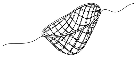 Fishing landing net in continuous one line art style, minimalist angling equipment and scoop mesh illustration © ----WWWLINE----