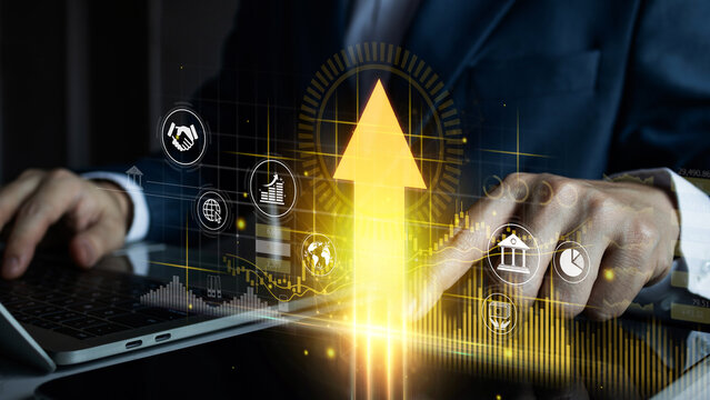 Businessman draw growth graph and target of business analyzing financial and investment data , future business growth arrow graph, business planning and strategy
