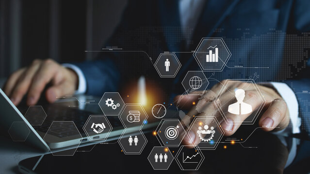 Customer Relationship Management (CRM), Businessman use tablet with global structure customer network technology, Data exchanges development. human resources, social media. digital marketing online.