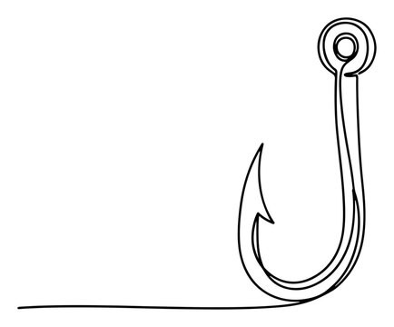 Fishing hook in continuous one line art style, minimalist metal tackle symbol for angling and hobby