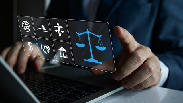 Legal advice business concept, businessman holding virtual global law icons on for business legal advice, Regulations and laws, Labor law, Lawyer, Advice on digital technology and business.