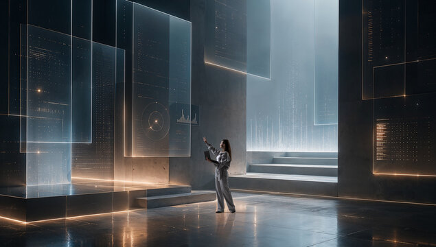 Person interacting with layered virtual screens in futuristic interior. Concept of modern software development, UX UI experience design, digital product strategy.