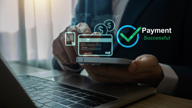 Businessman holds a smartphone and credit card, with a virtual payment login screen displayed, symbolizing secure online transactions, mobile banking, and digital payment authentication.