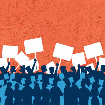 Silhouette Of Protesting Crowd With Raised Signs Risograph Style Illustration