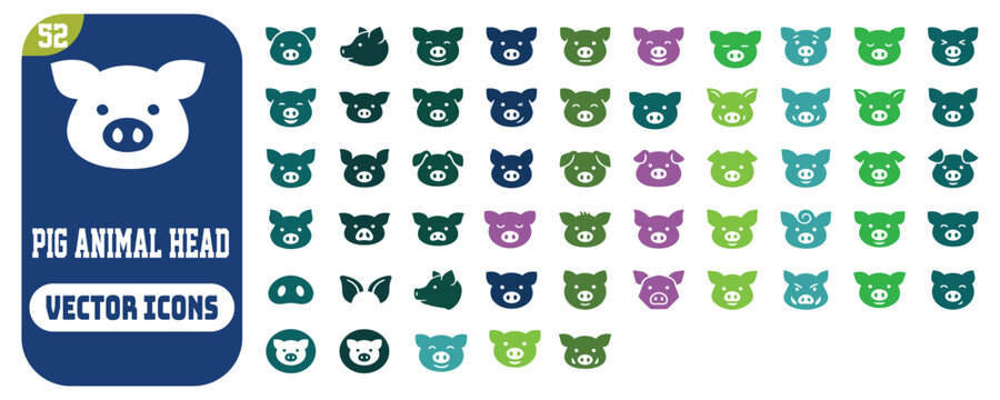 Colorful Pig Animal Head Vector Icons Set for Design Projects.