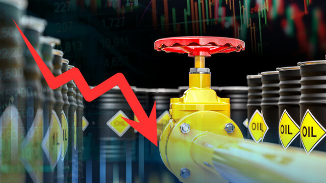 A downward red arrow, oil pipelines, oil drums, and financial charts illustrate the energy sector, the oil and gas industry, gasoline transportation, and falling trends in global oil prices.