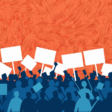 Crowd Silhouette With Protest Signs Against Textured Orange Background assembly