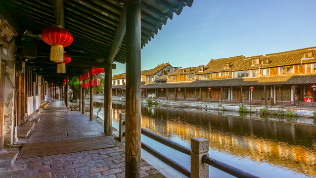 Traditional canal scene in Xitang ancient water town, Jiashan County, Zhejiang, China