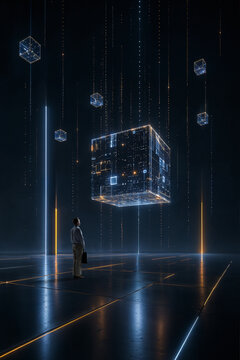 Software developer observing floating data cubes in futuristic digital space. Concept of decentralized computing, blockchain technology, modular software architecture.