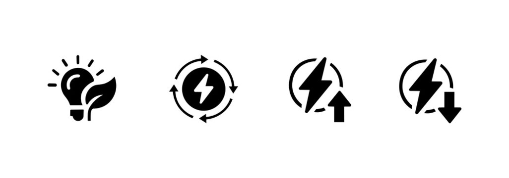 Energy efficiency icon set. Contains energy efficiency, energy saving, energy increase, and power decrease icons. Solid icon illustration pack.