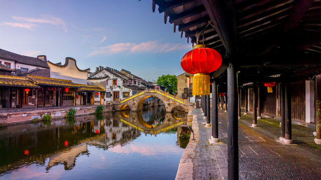 Traditional canal scene in Xitang ancient water town, Jiashan County, Zhejiang, China