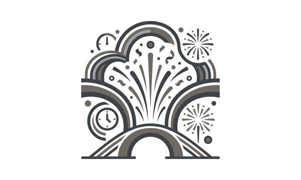 Monochrome firework display over architectural arch.