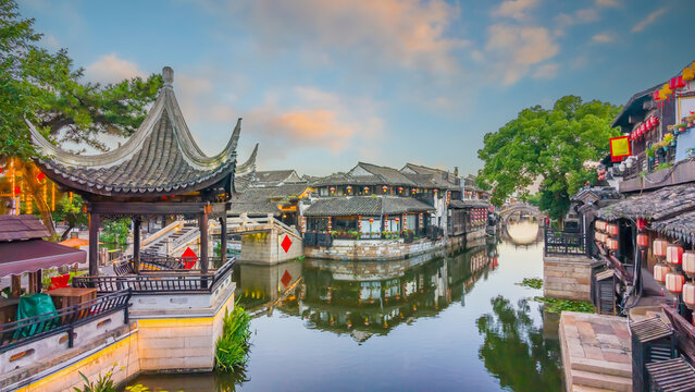 Sunset view of Xitang ancient water town in Jiashan County, Zhejiang, China