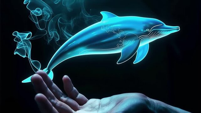Glowing holographic whale hovering above an open hand
