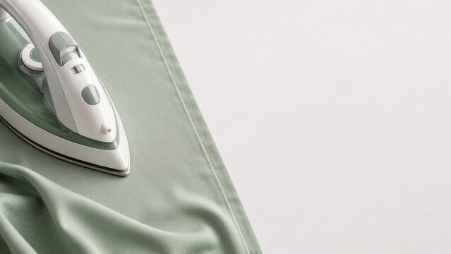Modern Steam Iron Pressing Sage Green Cotton Fabric with Right Copy Space
