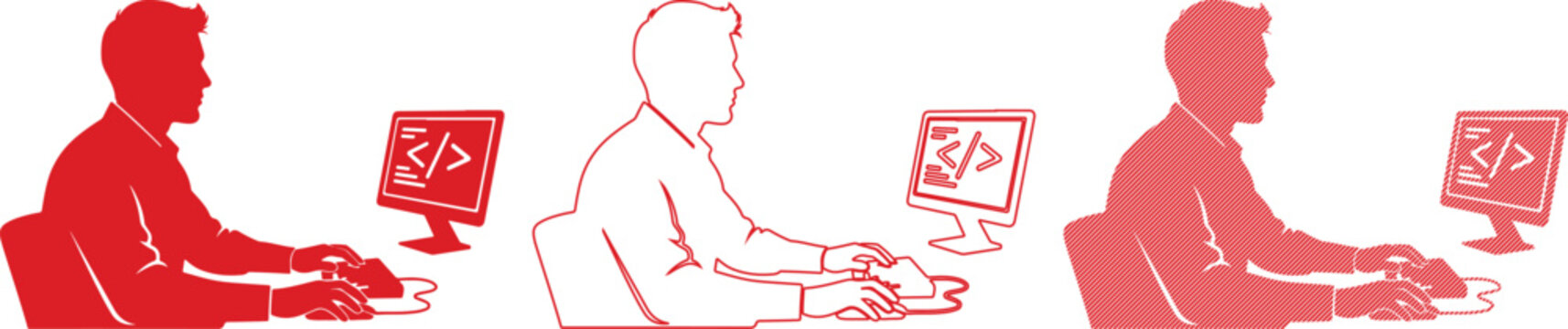 Three red silhouettes of a programmer coding on a computer, showing solid, outlined, and hatched fill styles on a white background