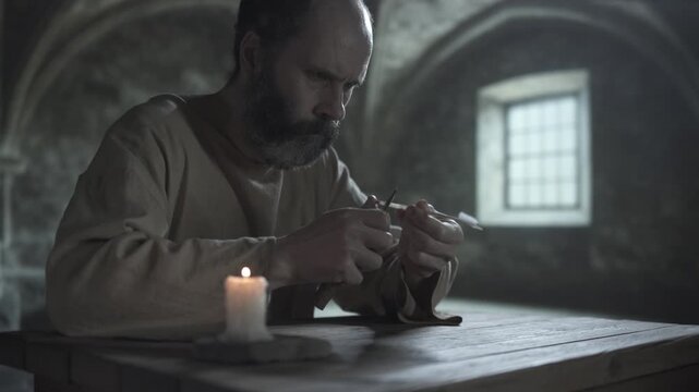 Mature medieval man cutting a quill pen with a small knife, while sitting at a rustic wooden table next to a solitary burning candle inside a chilly stone jail cell 
