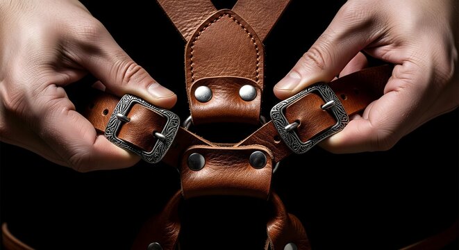 Hands adjusting leather suspender buckles against a black background