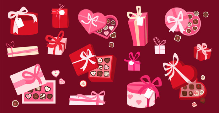 Romantic gift boxes set isolated on background. Vector cartoon illustration of red square, round and pibk heart shape packages for chocolates and birthday presents, Valentine Day sale design elements