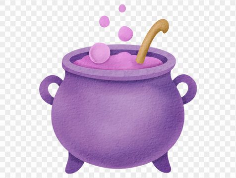 Watercolor purple cauldron with magic potion Halloween illustration Vector.