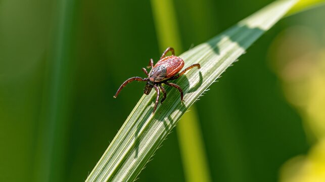 Red Tick Perched on Green Grass Blade