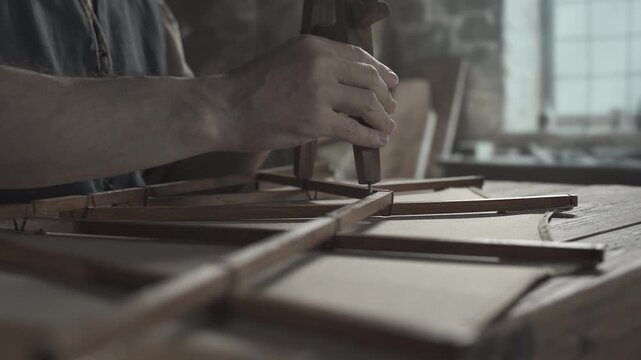 Hands of a master checking a glider wing structure model with a wooden divider tool on a rustic table inside a medieval studio