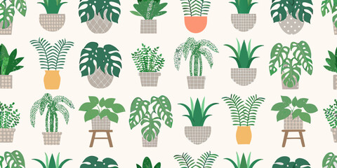 Potted Plants Floral Ornament A Repeating Vector Pattern On A Light Background © Sujal