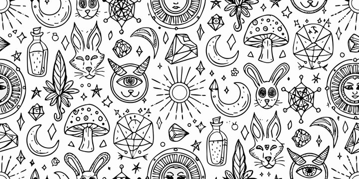 Mystical floral and celestial ornament black and white vector pattern