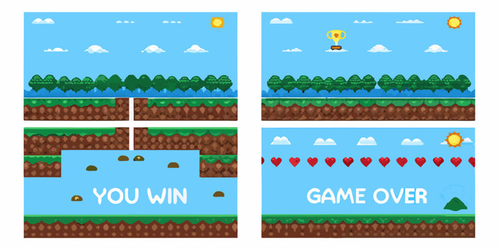 Retro 8 bit Platformer Game Scenes With Blue Sky Background
