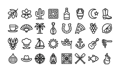Fototapeta premium Mediterranean culture icon set, travel elements, summer symbols, Italian food vector, Spanish culture line art, nautical outline collection, traditional icons.