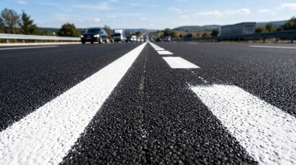 Obraz premium Asphalt motorway surface shows a white painted line dividing lanes for vehicles traveling forward.