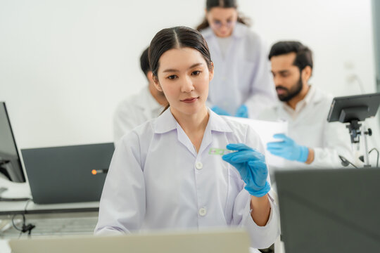 Young Asian woman in lab coat and gloves examining a specimen slide at her workstation, colleagues working behind, research analysis in lab.