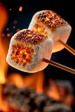Two toasted marshmallows on sticks over a fire &mdash; a caramel crust.