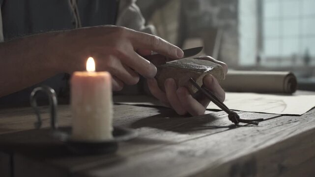 Hands of a medieval artist sharpening a small penknife blade on a wet whetstone surface near a burning candle inside a craftsman workshop