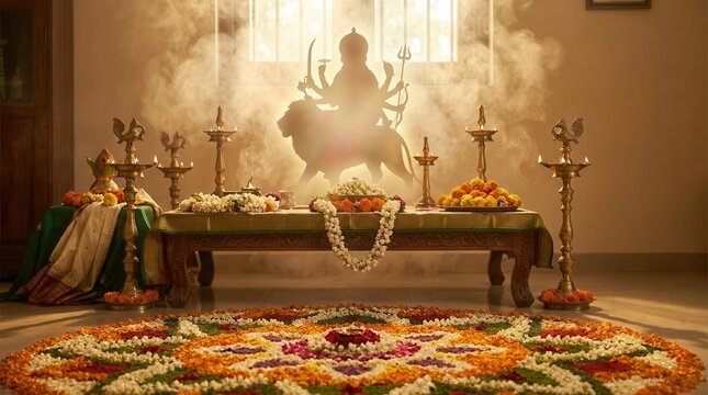 Translucent Goddess Durga silhouette with traditional Hindu ritual altar, offerings, and lamps during Navratri celebration