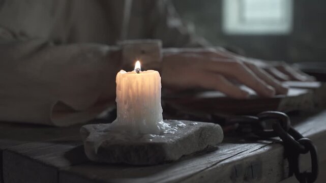 Hands of a medieval prisoner locked in iron shackles tracing lines in an open book near a burning candle on a wooden table inside a dark cell, camera moving past
