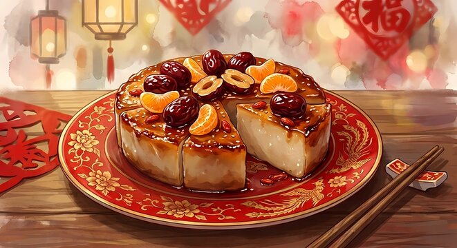 Traditional Chinese New Year Cake Nian Gao with Red Decoration Festive Food Illustration