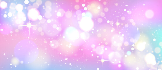 Obraz premium Rainbow soft gradient background with glitter sparkles, iridescent colors and bokeh effect, vector dreamy pattern with magical atmosphere for princess or and fairy tale designs. Abstact ombre texture