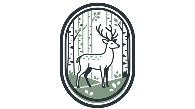 Minimalist Badge Logo Style Illustration of a Wild Deer Stag Standing in a Birch Tree Forest Woods