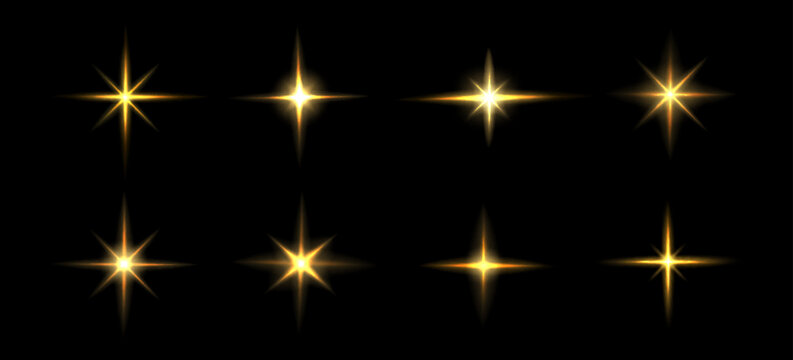 Bright star light effect, gold twinkle flare and flashing rays, realistic flash icons isolated on black background.. Glowing starburst elements with halo and glowing beams, sparkling space burst
