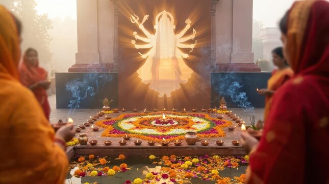 Devotees offering prayers to Goddess Durga during Navratri festival ritual