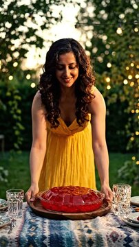 Woman in yellow dress carries red jelly dessert to outdoor dining table surrounded by greenery and string lights, preparing for a festive gathering in a garden setting