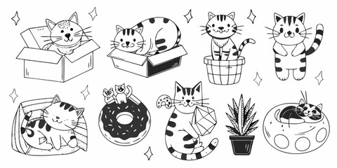 Collection Of Black And White Line Art Cat Illustrations With Sparkles © Dipa