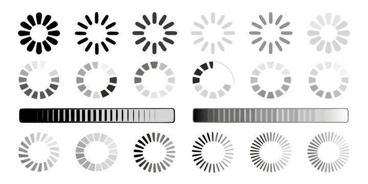 Loading spinner icons and progress bar illustrations on a white background