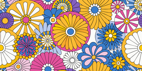 Retro floral ornament with bold colors and repeating circular shapes © Dipa