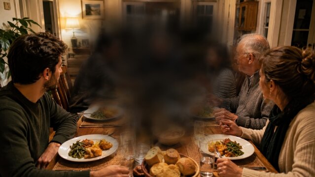 Macular degeneration simulation of blurred vision at dinner