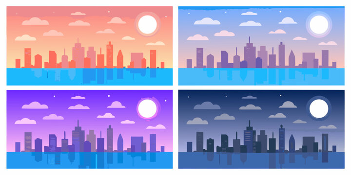 City Skylines In Four Color Schemes Vector Illustration