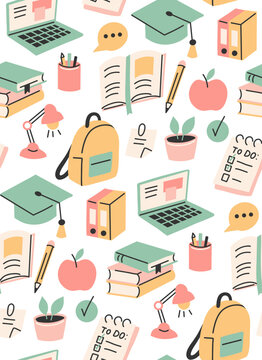 Vector seamless pattern with school objects. Back to school. Texture with illustrations on the topic of education and learning
